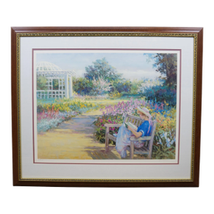 Late 20th Century Lynn Gertenbach Signed Impressionist Girl Reading on Bench Garden Lithograph 37", Framed