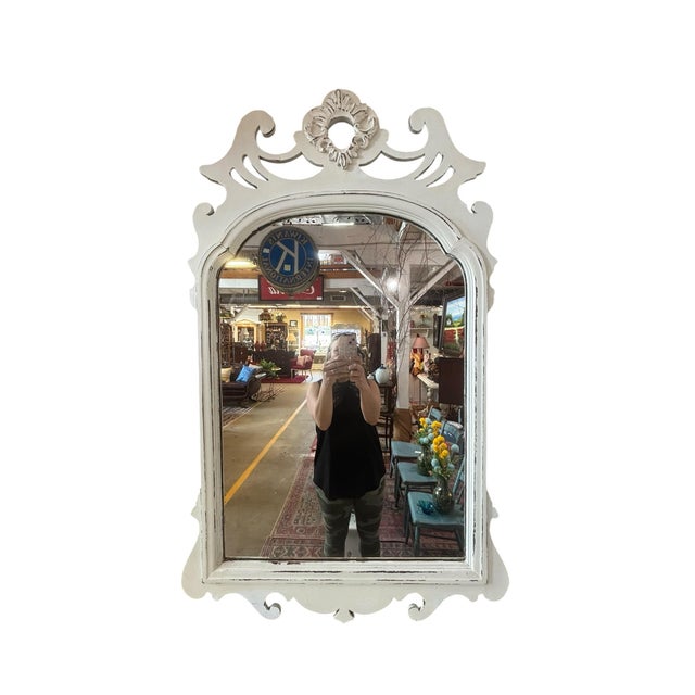 White Distressed French Country Gustavian Style Vanity & Matching Scroll Mirror For Sale - Image 9 of 11