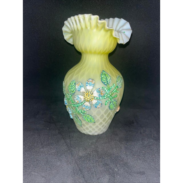 Antique Satin Glass Ruffled Vase Beaded Floral Signed Webb For Sale In Birmingham - Image 6 of 7