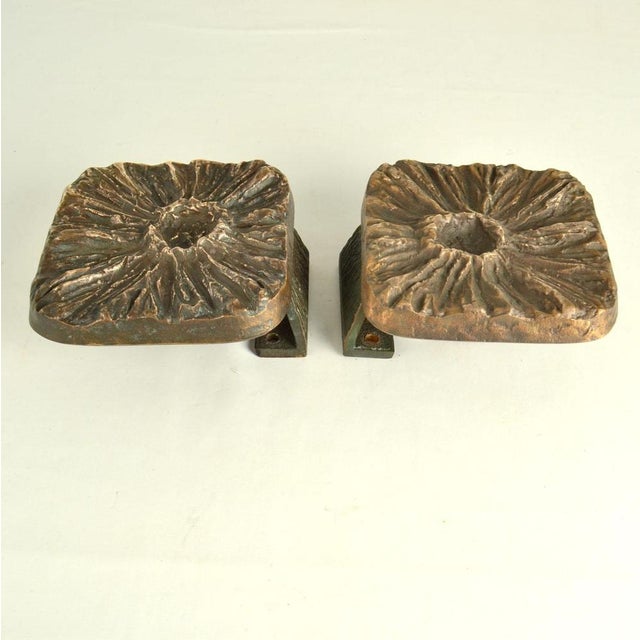 Brutalist Brutalist Bronze Square Push Pull Door Handles with Flower Relief, 1970s, Set of 2 For Sale - Image 3 of 14