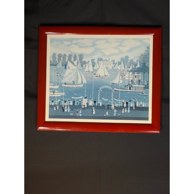 Framed sailboat harbor artwork after Michel Delacroix, France, dated 1991. The piece features a charming nautical...