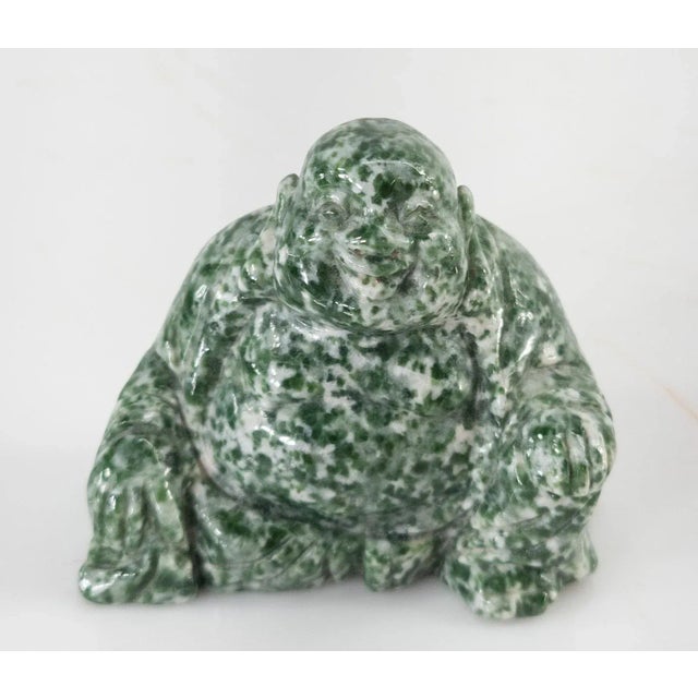 Green Chinese Carved Mottled Green & White Stone Laughing Buddha Figurine For Sale - Image 8 of 8