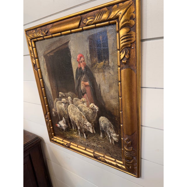 Paul H. Schouten (1860-1922) - Barbizon School Oil - "Shepherdess with her Flock" An accomplished genre painting by Paul...