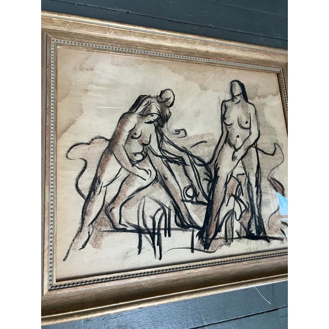 1940’s Original Art Deco Abstract Charcoal 3 Nudes With Dog Study Drawing Vintage Frame For Sale - Image 4 of 4