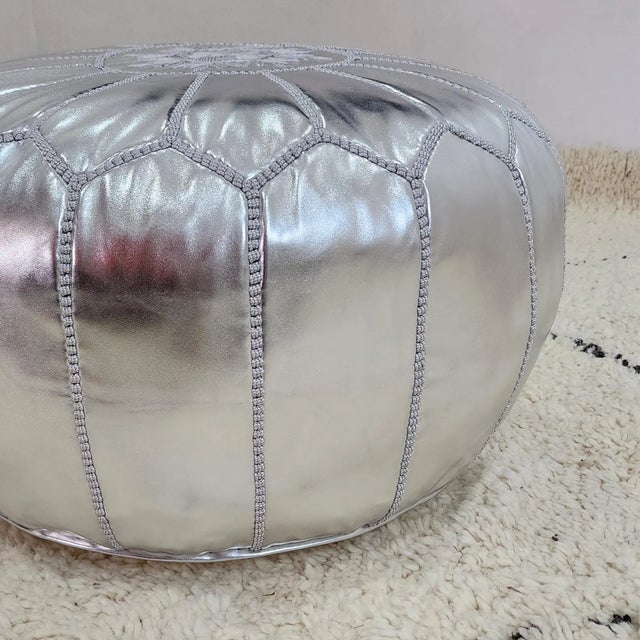 2020s Moroccan Hand-Stitched Leather Pouf Cover – Light Gray Ottoman, Genuine Goat Leather, Marrakech Artisan, Boho Chic Floor Cushion For Sale - Image 5 of 6
