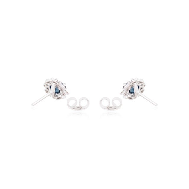 Metal Art Deco Inspired Blue Sapphire & Diamond Halo Stud Earrings in 14k Gold- A Pair For Sale - Image 7 of 12