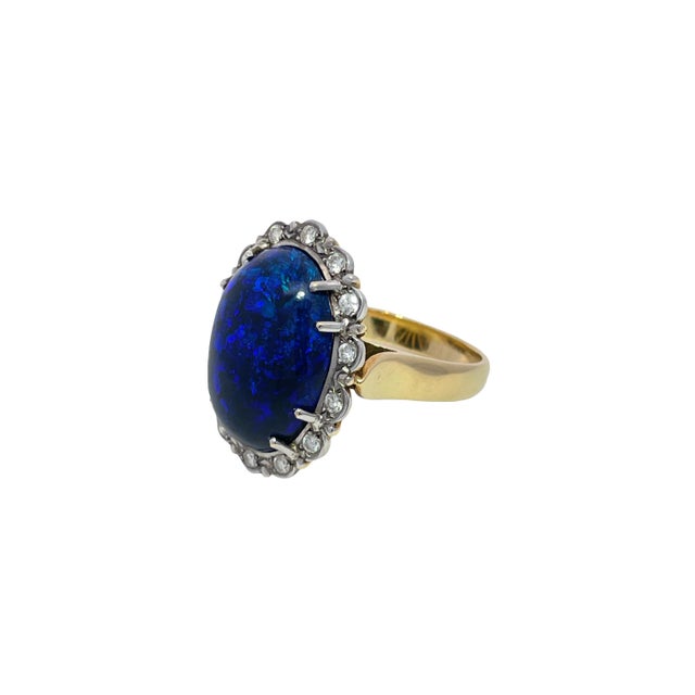 Mid 20th Century Mid 20th Century 18k Yellow/White Gold Oval Cut Center Opal and Diamond Halo Ring, Size 6.25 For Sale - Image 5 of 11