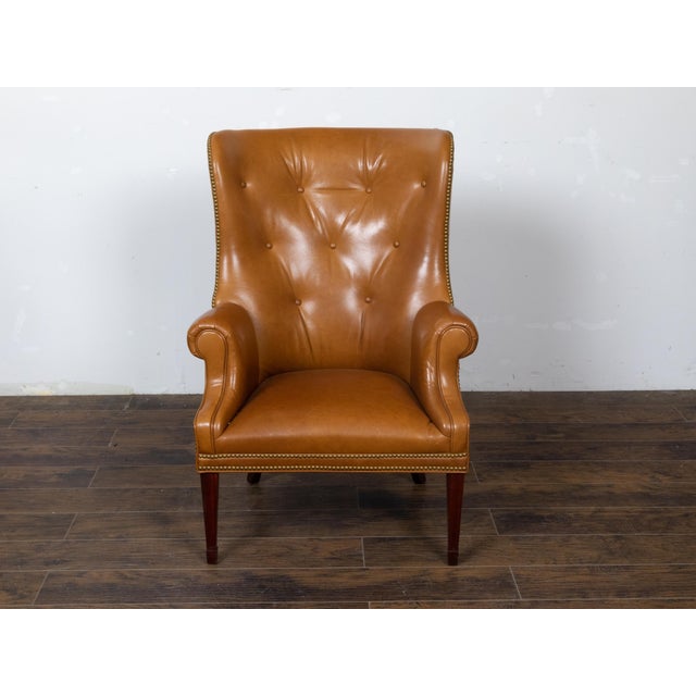 Early 20th Century English Brown Leather Wingback Chair with Brass Nailhead Trim, circa 1930-1940 For Sale - Image 5 of 12