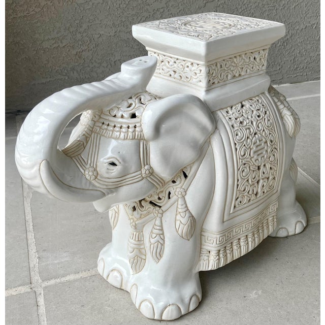 Circa 1970 Fabulous Linen-Hued Earthenware Elephant Garden Stool / Plant Stand For Sale - Image 13 of 18