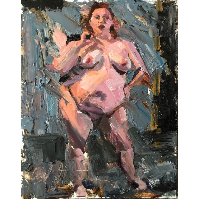 This oil painting features a figure in a pose that suggests both vulnerability and strength, captured from an over-the-...