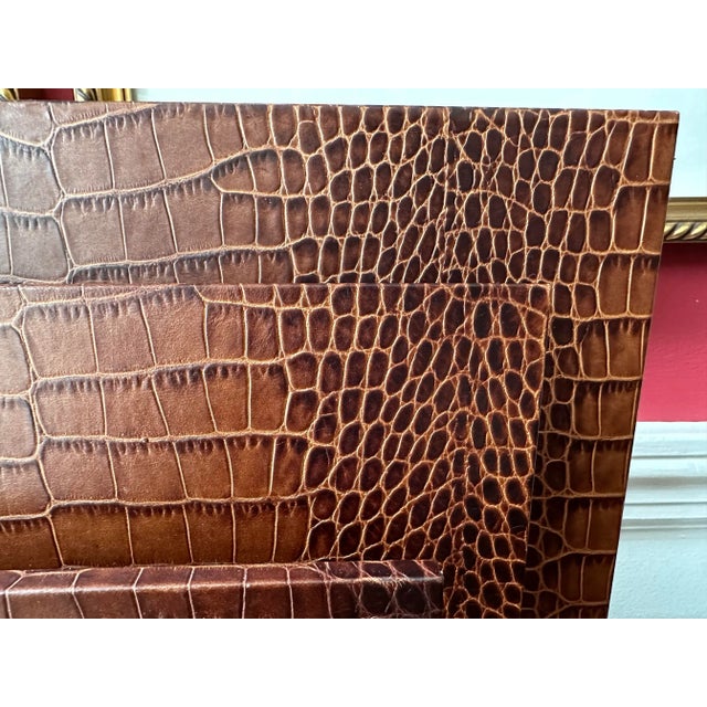 English Vintage Smythson of Bond St. Luxury Embossed Brown Leather Stationary Desk Organizer For Sale - Image 3 of 9