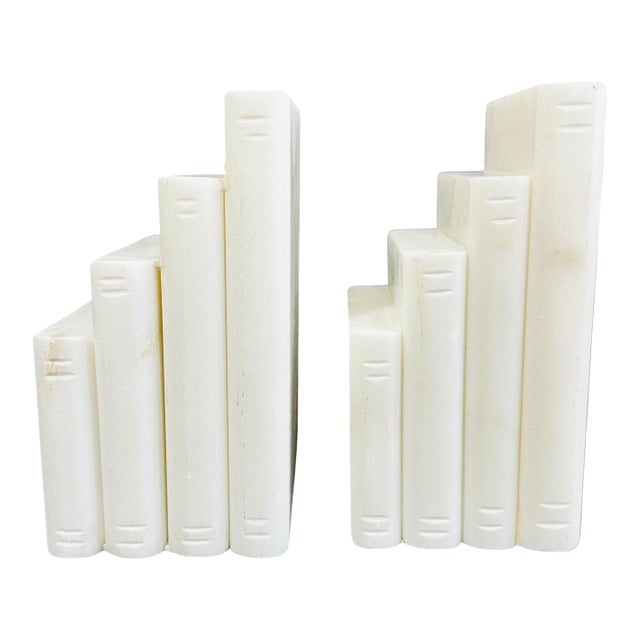 Vintage White Marble Bookends, Stacked Books Design | Italian Alabaster Stone, 1990s Home Office Decor, Minimalist For Sale