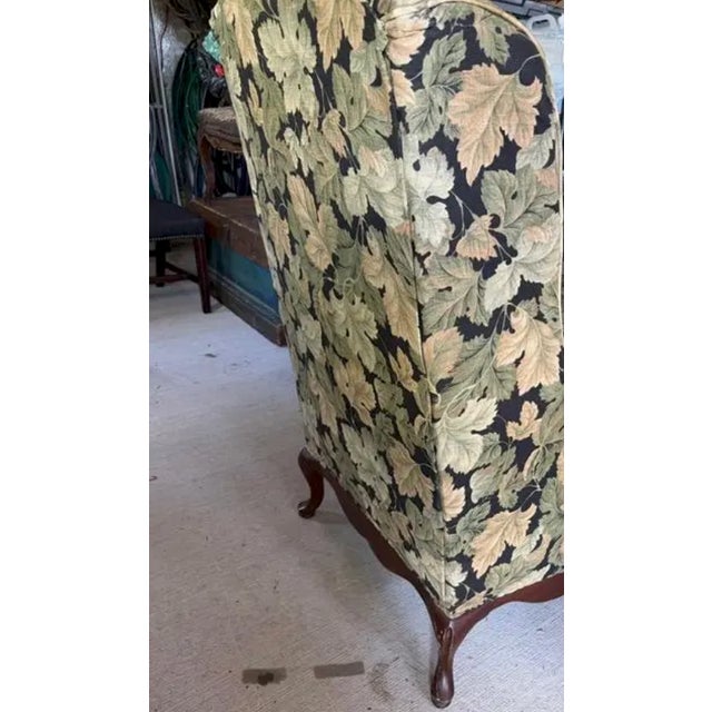 Wood Mid Century Wing Back Chair With Pretty Curved Arms in an Autumn Leaf Pattern Upholstery, Signed For Sale - Image 7 of 8