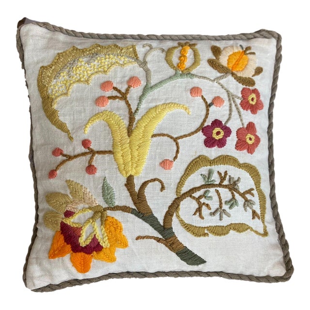 Vintage Embroidered Floral Pillow For Sale