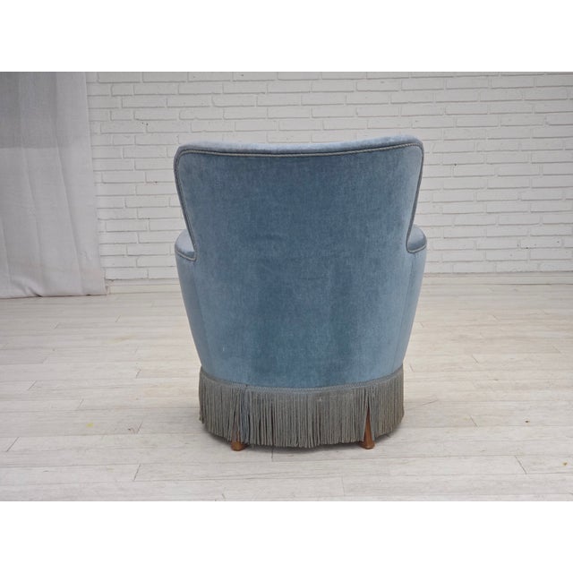 Wood Set of Vintage Danish Chair with Ottoman in Blue Furniture Velour and Oak, 1960s For Sale - Image 7 of 18