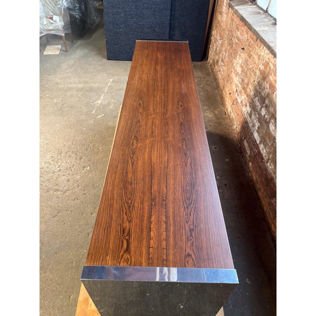 Brown 1970s Rosewood & Chrome Credenza Attributed to Roger Sprunger for Dunbar For Sale - Image 8 of 12