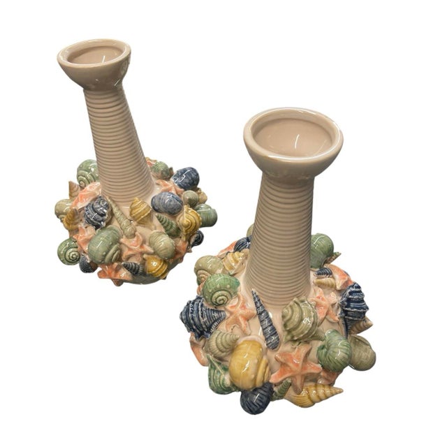 Coastal Pair of Exuberant Italian Coastal Ceramic Shell Vases For Sale - Image 3 of 10