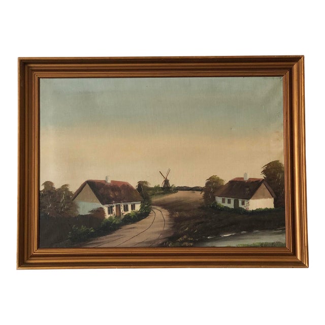 Vintage Original Cottage Oil Painting: Countryside Landscape Art For Sale