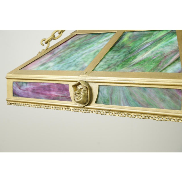 Metal Mid 20th Century Arts & Crafts Figural Stained Glass Rectangular Brass Pendant Light For Sale - Image 7 of 14
