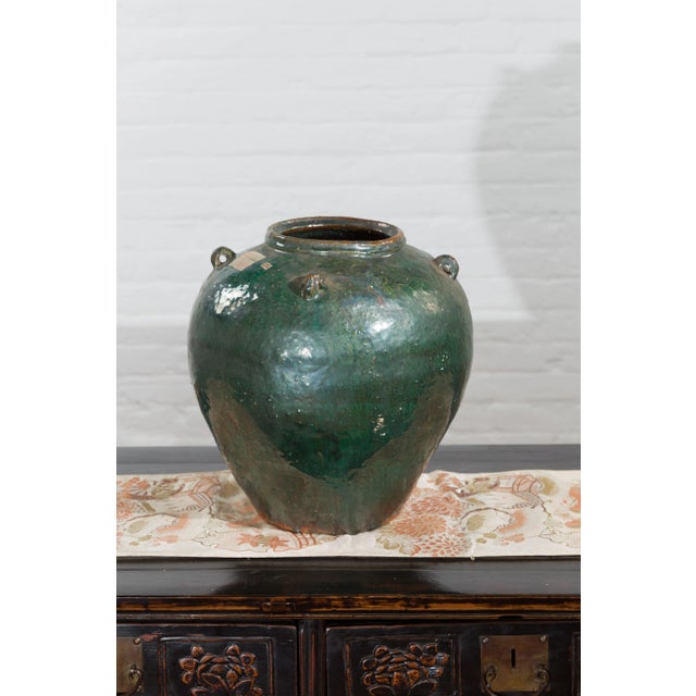 Mid 20th Century Chinese Vintage Hunan Style Green Glazed Water Jar with Petite Loop Handles For Sale - Image 5 of 11