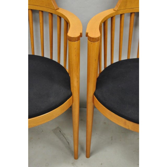 Vintage Postmodern Maple Wood Spindle Barrel Back Lounge Arm Chairs - A Pair For Sale - Image 11 of 15