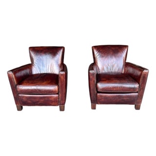 Pair Crate & Barrel Leather Club Chairs – Distressed Patina Finish For Sale