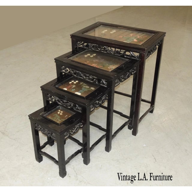 Vintage Oriental Asian Black Nesting Tables W Decorative Table Tops ~ Set of Four For Sale - Image 13 of 13