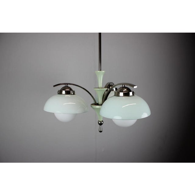 Art Deco Mint Glass and Chrome Chandelier, Former Czechoslovakia, 1930s For Sale - Image 3 of 14