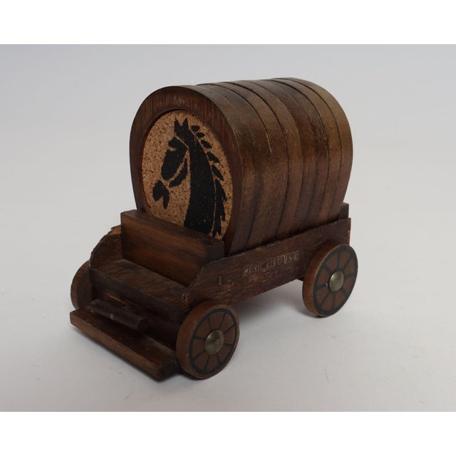 Vintage Western Set of Eight Horse Motif Coasters With Covered Wagon Carrier For Sale - Image 4 of 16