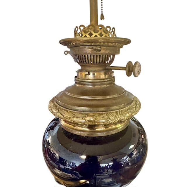 Antique Mid 19th Century Ink Blue Oil Lamps, Electrified - A Pair For Sale In Charleston - Image 6 of 15