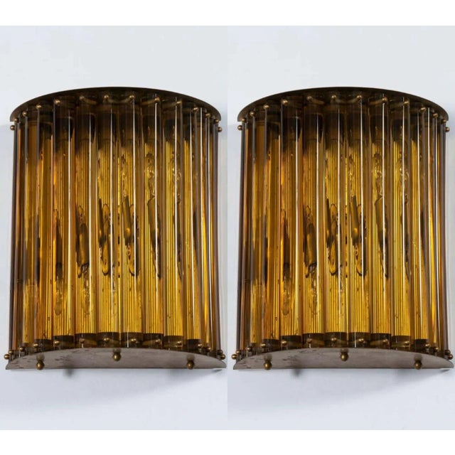 Art Deco Pair Vintage Art Deco Skyscraper Wall Sconces Fixture Brass & Amber Glass Rod Ship Light For Sale - Image 3 of 3