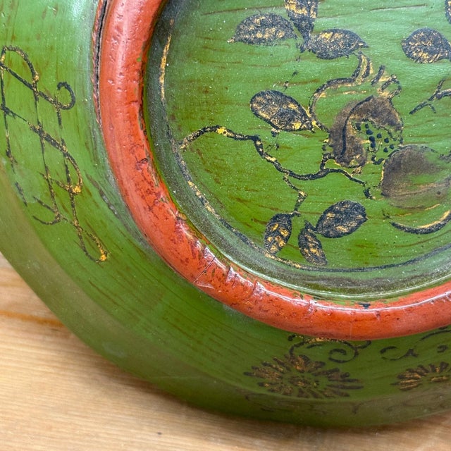 Wood Brown, Green & Yellow Polychrome Basket with Rattan Handle For Sale - Image 7 of 17