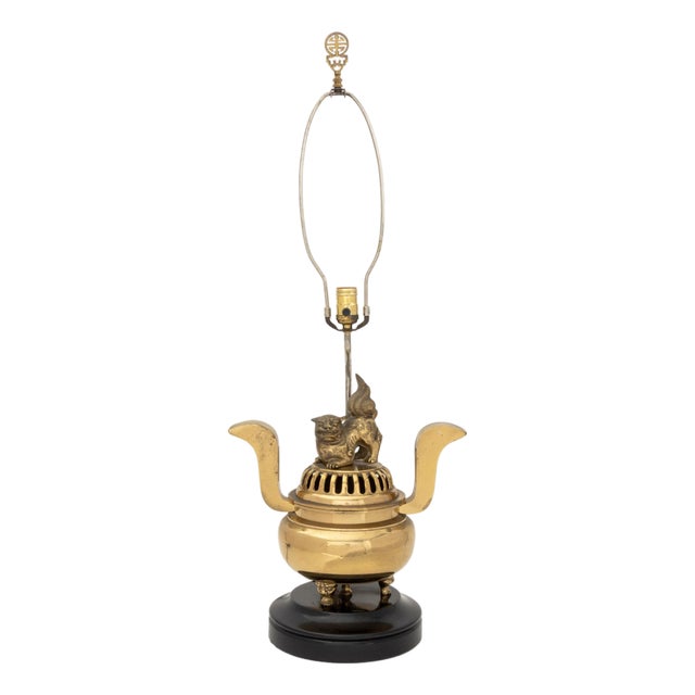 Chinese Foo Lion Gilt Brass Censer Mounted as a Lamp For Sale