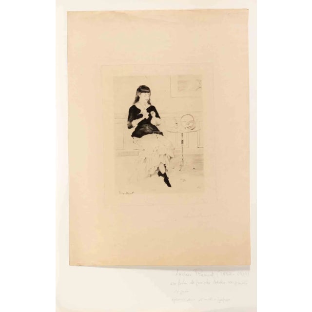 The Accordion Player is a print artwork realized by Lucien Renout ( 1852-1910) Late 19th century. Etching on paper Signed...