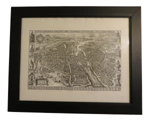 French Reproduction Print of an Engraved Map of Paris in the 15th Century, Framed