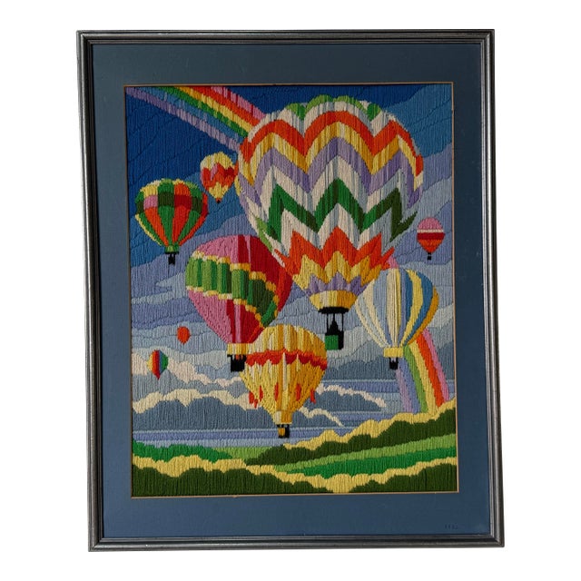1982 Vintage Needlepoint Hot Air Balloon & Rainbow Artwork – Framed For Sale