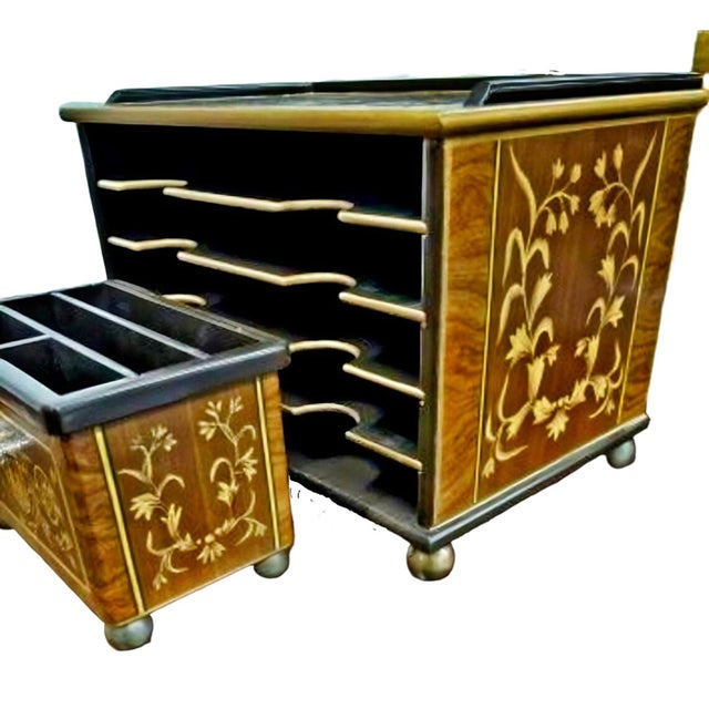 Vintage Lacquered Marquetry Executive Desk Organizer Set, 2 Pieces For Sale In Dallas - Image 6 of 7