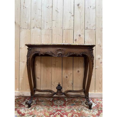 Wood Louis XV Style Console in Carved Walnut and Marble For Sale - Image 7 of 7