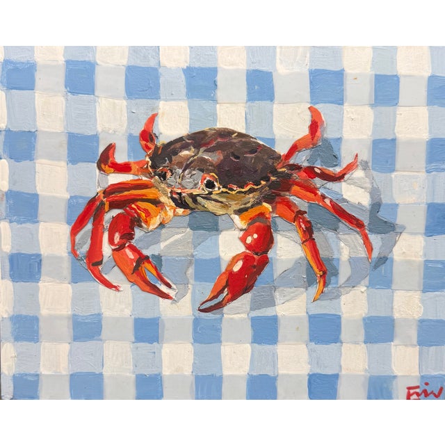 Blue gingham and red crab painting 8 x 10 x 0.75” on wood panel Sides painted gray