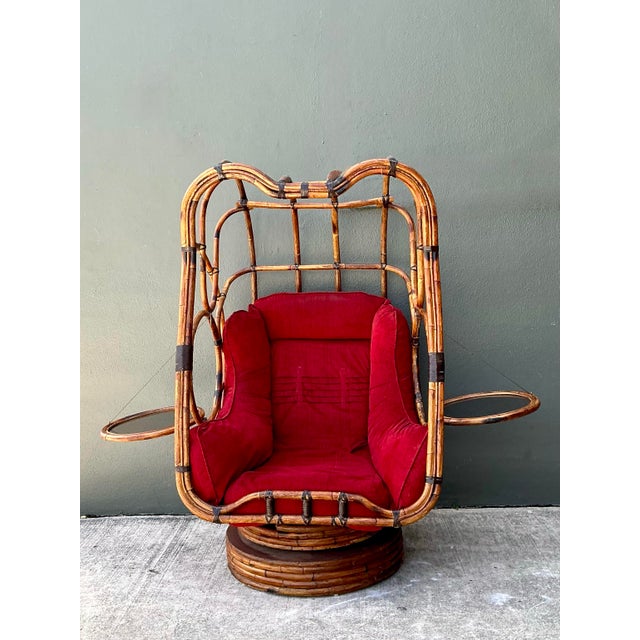 Vintage Bent Rattan Swivel Lounge Chair With Flip Down Side Tables For Sale - Image 12 of 12