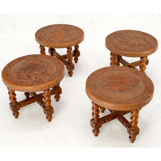 Mid 20th Century Embossed Leather South American Coffee Table 4 Nesting Stools Chairs For Sale - Image 10 of 18