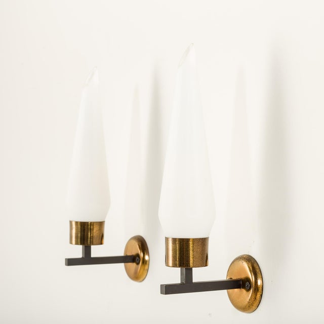 Metal Italian Wall Scones in Opaline Glass and Brass from Stilnovo, 1960s, Set of 2 For Sale - Image 7 of 10