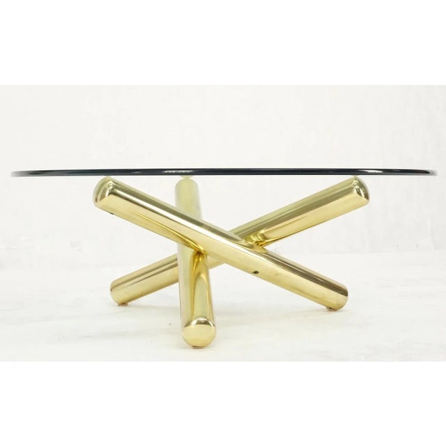 Transparent Large Thick Brass Spikes to Form Jack Tripod Base Round Glass Top Coffee Table For Sale - Image 8 of 13