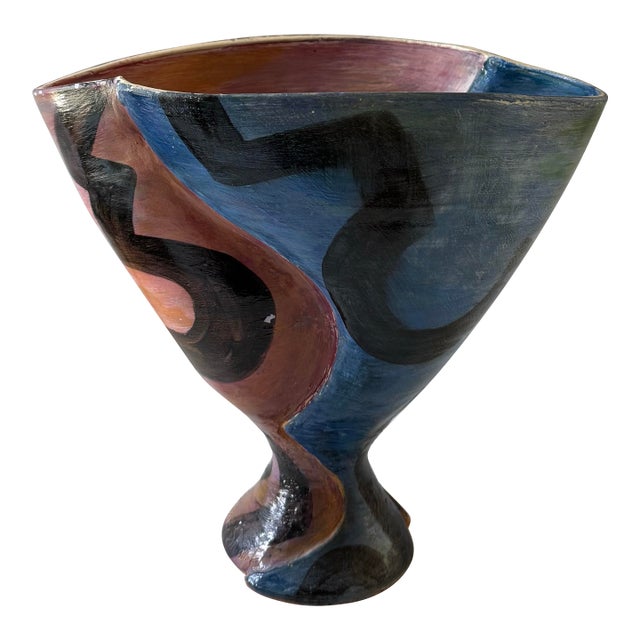 Vintage Post Modern Hand Painted Abstract Ceramic Vase For Sale