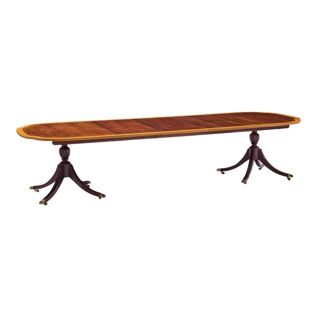 Councill Craftsmen Mahogany Inlaid Double Pedestal Expanding Dining Table With 3 Leaves For Sale