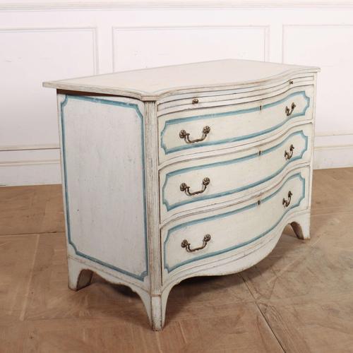 Pretty early 19th C English painted serpentine 3 drawer commode with a brushing slide and later decorative paint. 1820...