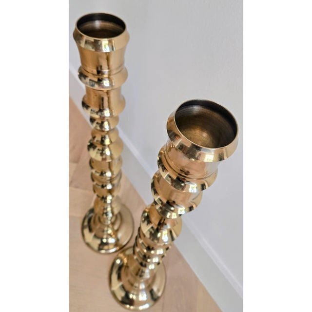 Mid 20th Century Pair of Vintage Brass Altar Candlesticks – Bamboo Style For Sale - Image 5 of 9