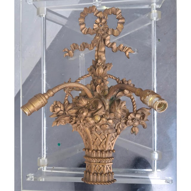 19thc XL French Louis XVI Bronze 2 Light Floral Basket Wall Sconce For Sale - Image 14 of 18