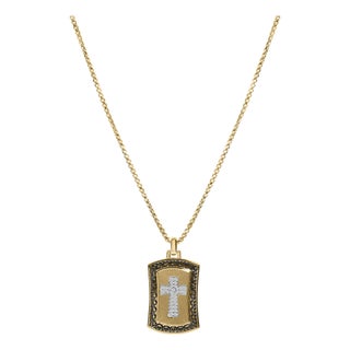 14K Yellow Gold Plated Sterling Silver 1/4 Cttw Diamond Cross Dog Tag Pendant Necklace For Sale