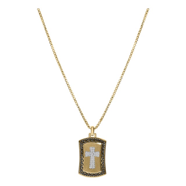 14K Yellow Gold Plated Sterling Silver 1/4 Cttw Diamond Cross Dog Tag Pendant Necklace For Sale
